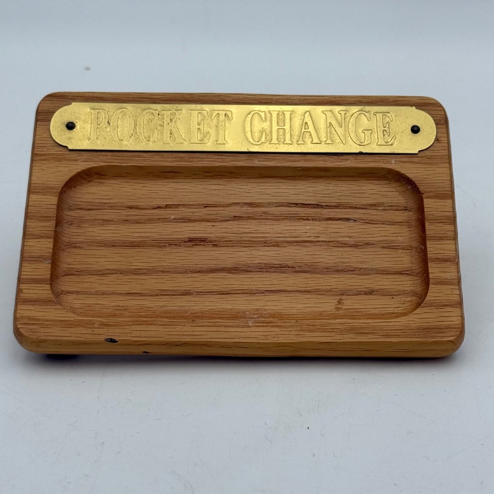 Vintage Oak Wood Pocket Change Valet Tray Brass Plaque Desk Organizer Catchall